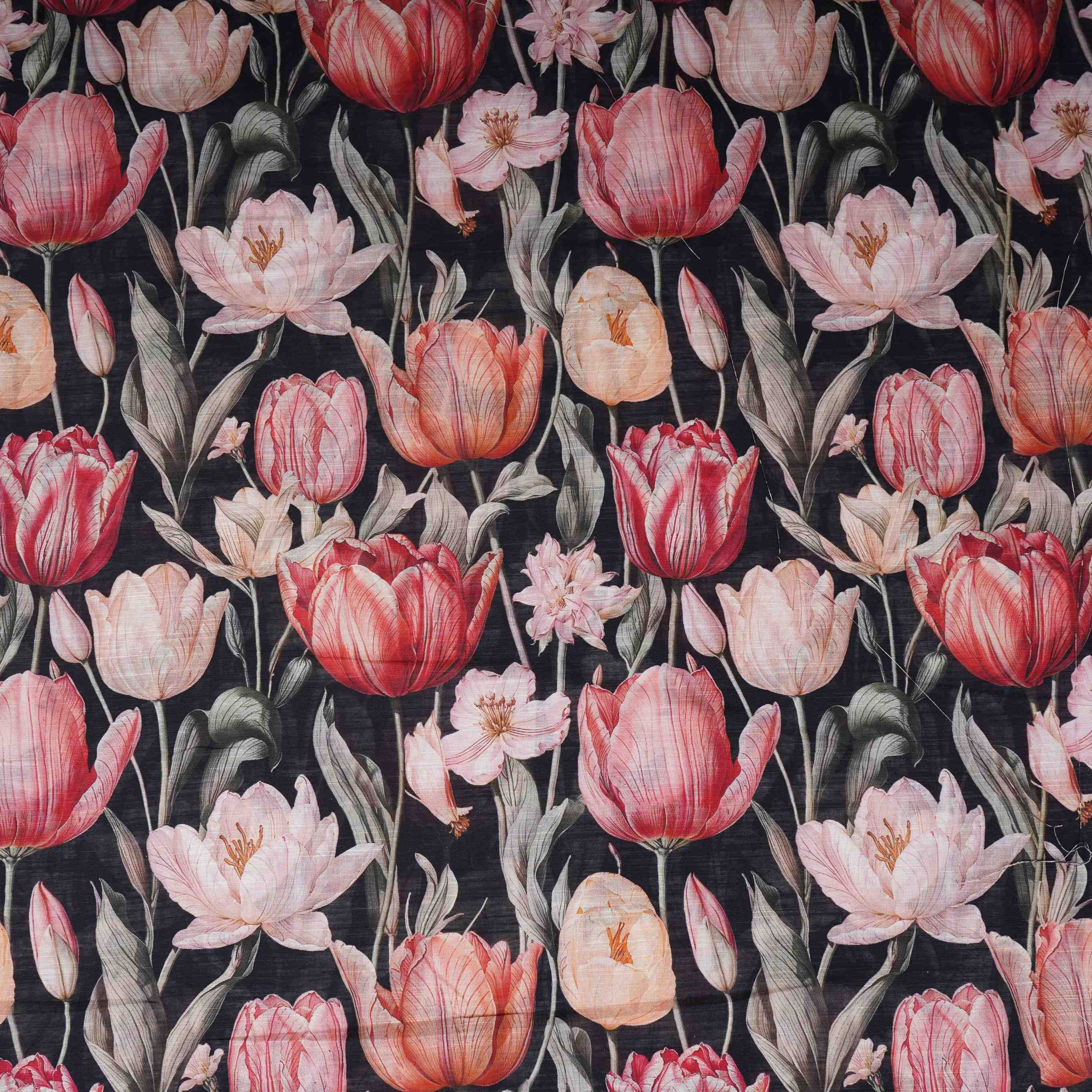 Black Floral Print Cotton Linen Fabric RT-30916 - TradeUNO