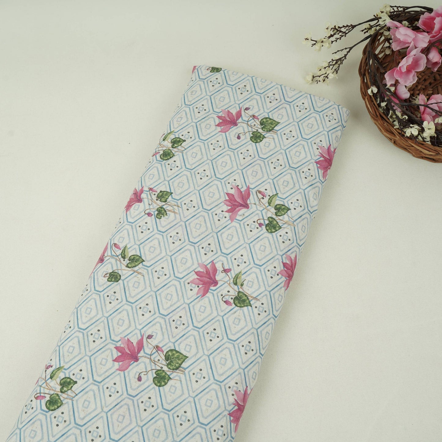 Blue & White Floral Geometrical Print Cotton Fabric DE-32459
