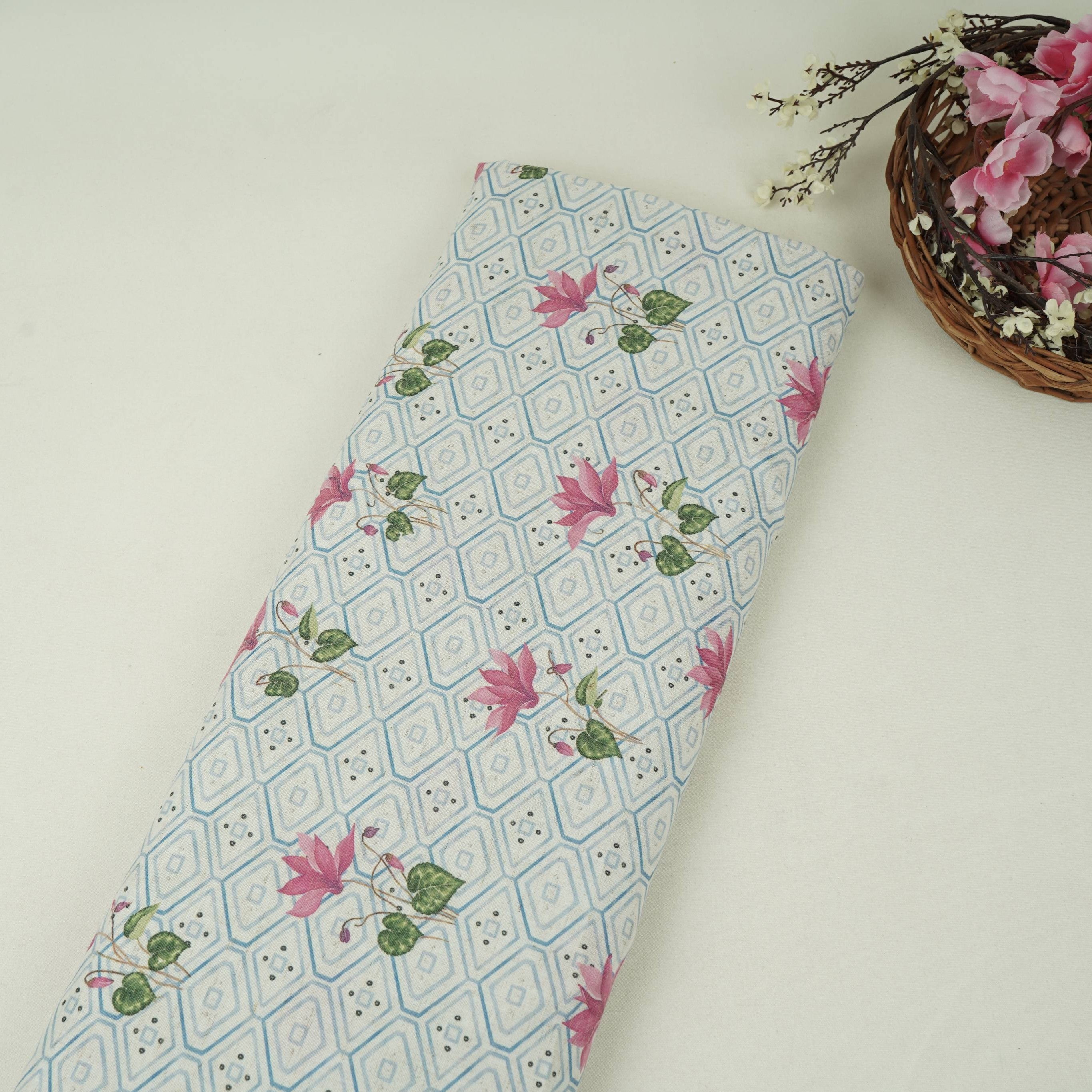 Blue & White Floral Geometrical Print Cotton Fabric DE-32459 - TradeUNO