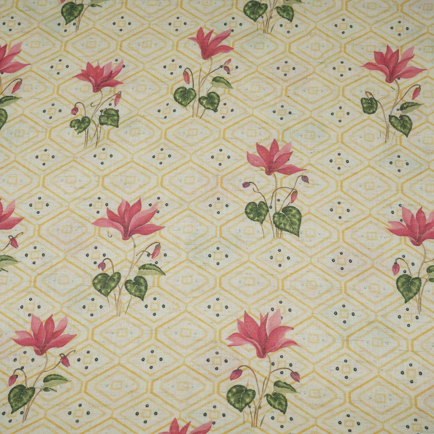 Yellow & White Floral Geometrical Print Cotton Fabric DE-32460