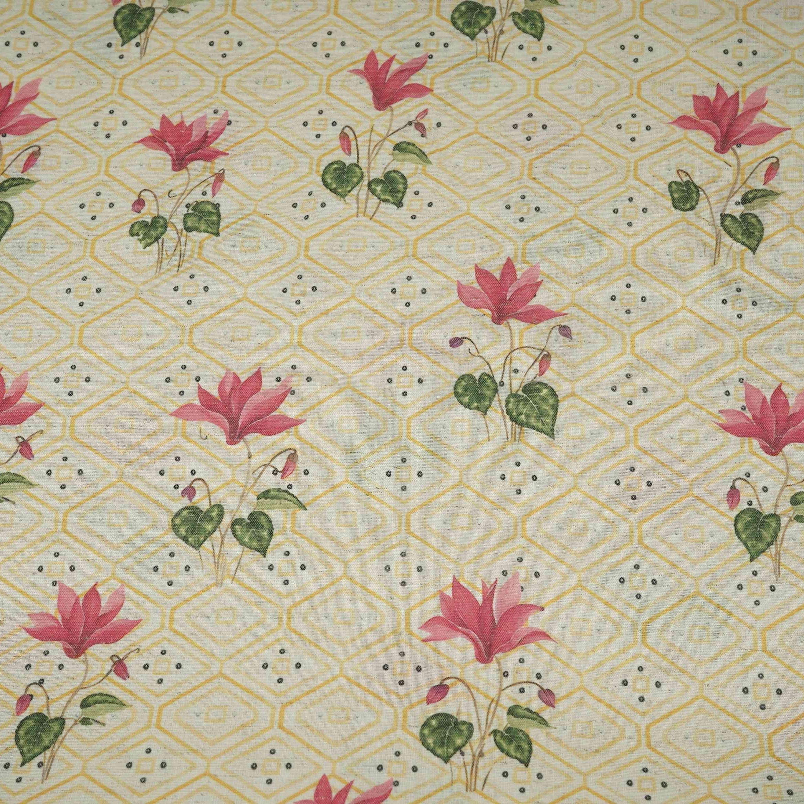 Yellow & White Floral Geometrical Print Cotton Fabric DE-32460 - TradeUNO