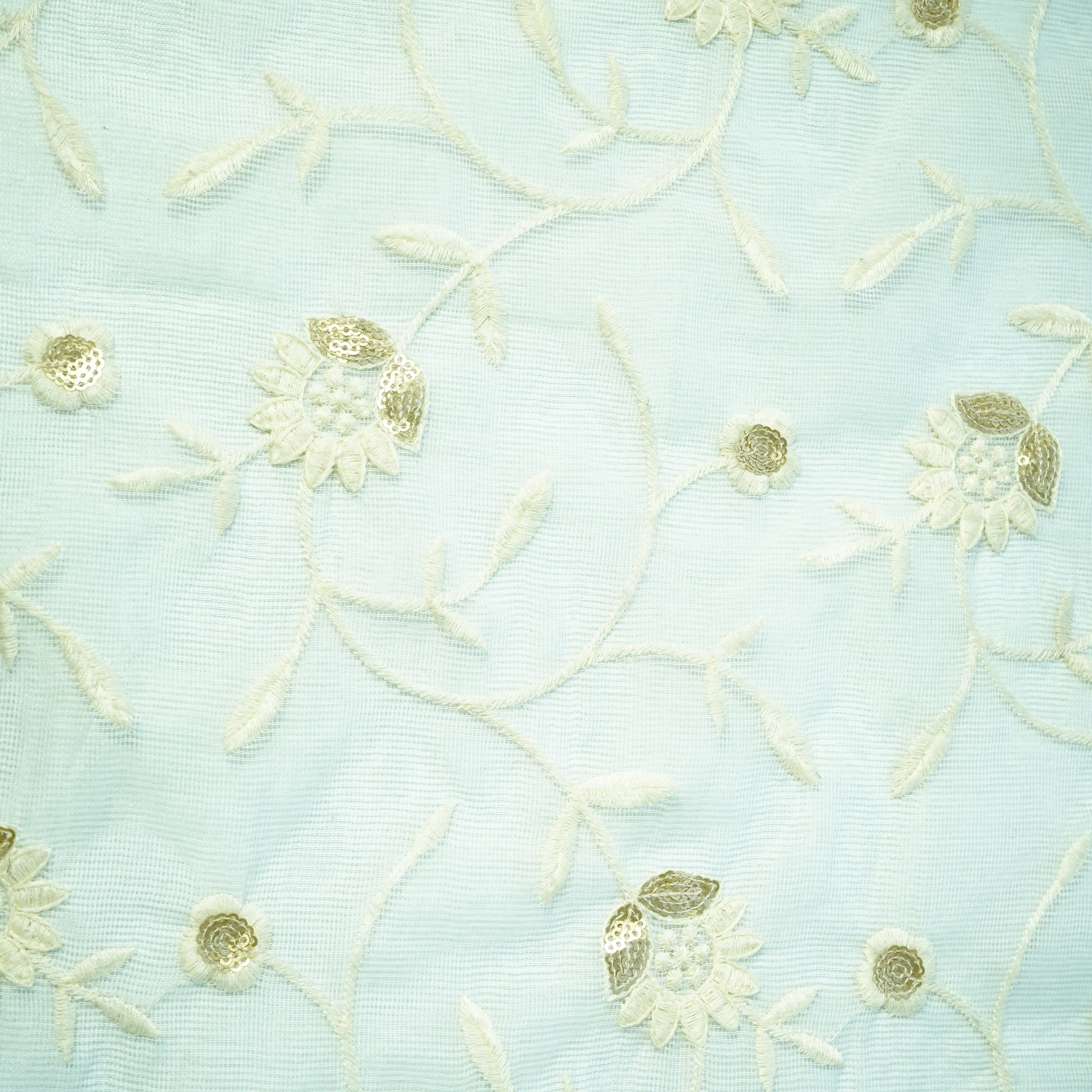 White Floral Golden Sequence Thread Embrodiery Dyeable Kota Cotton Fabric