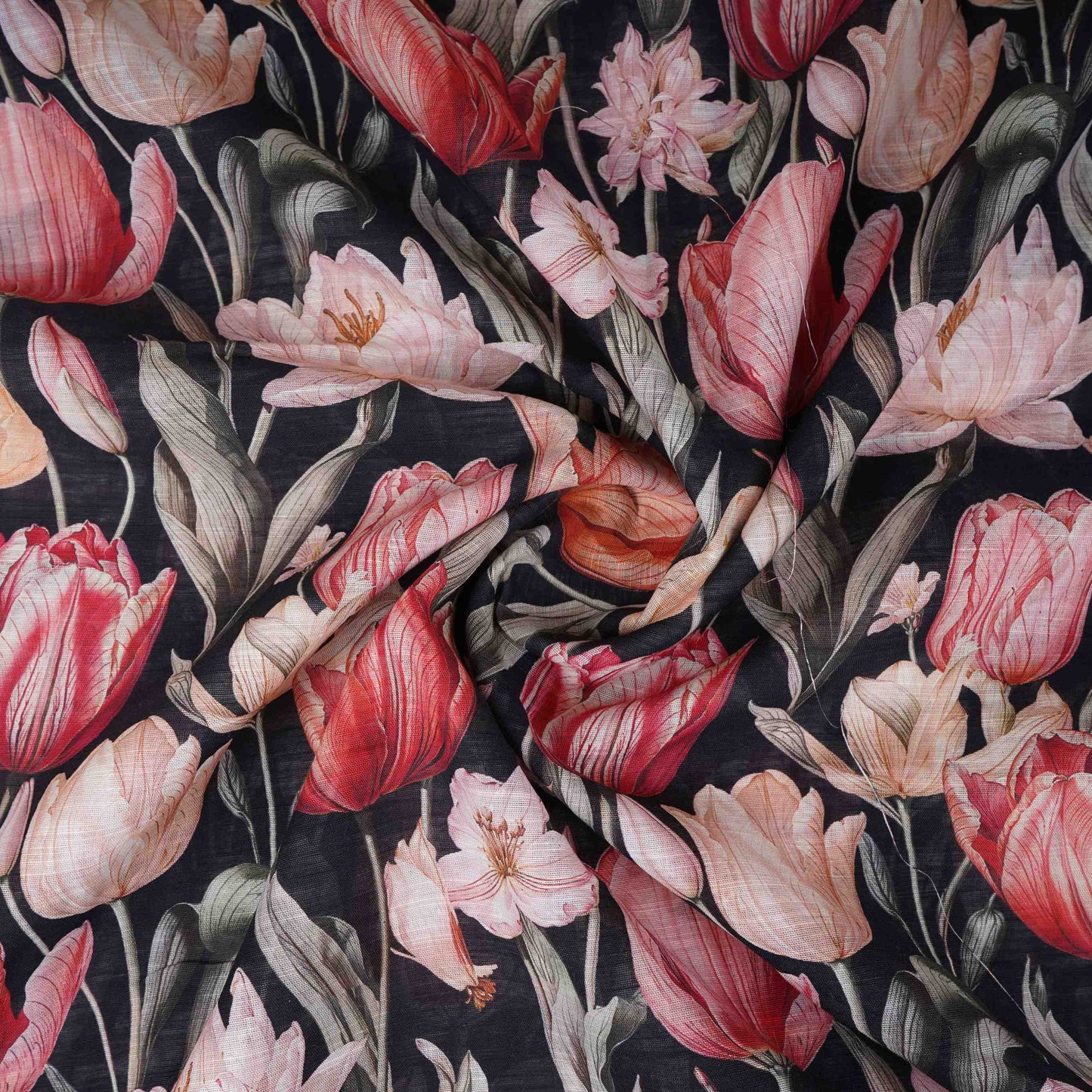 Black Floral Print Cotton Linen Fabric RT-30916