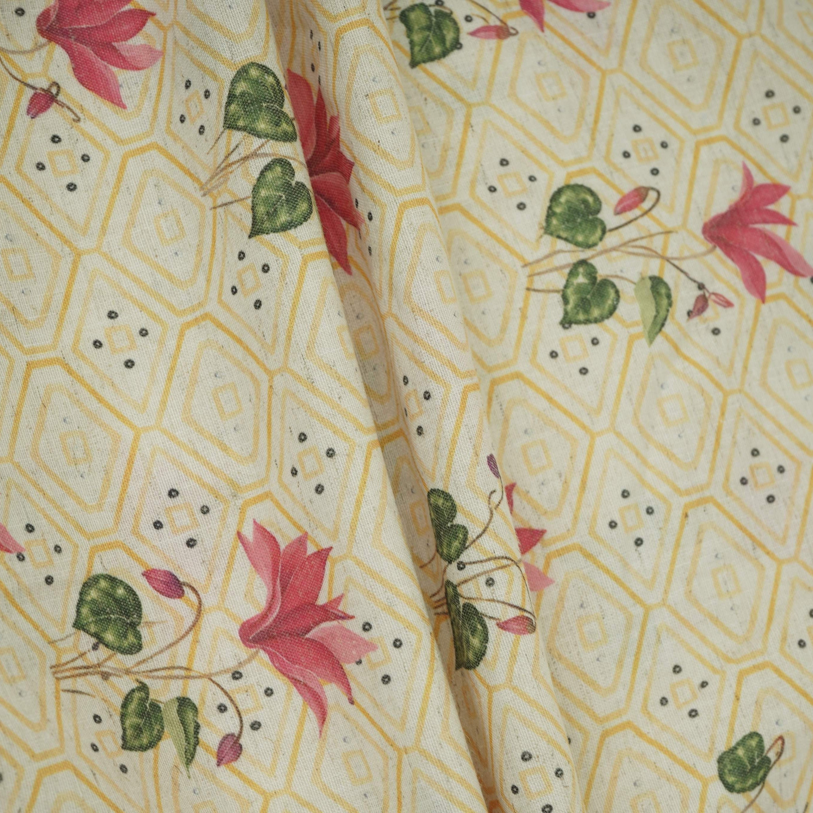 Yellow & White Floral Geometrical Print Cotton Fabric DE-32460 - TradeUNO