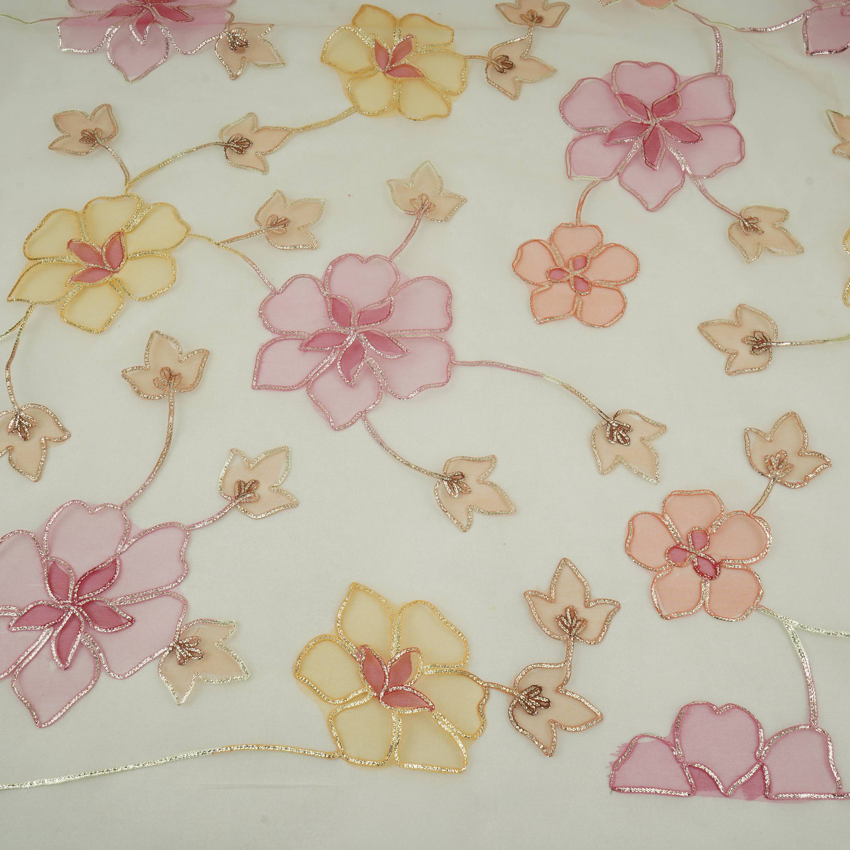 Cream Applique Work Organza Fabric SGS-32112