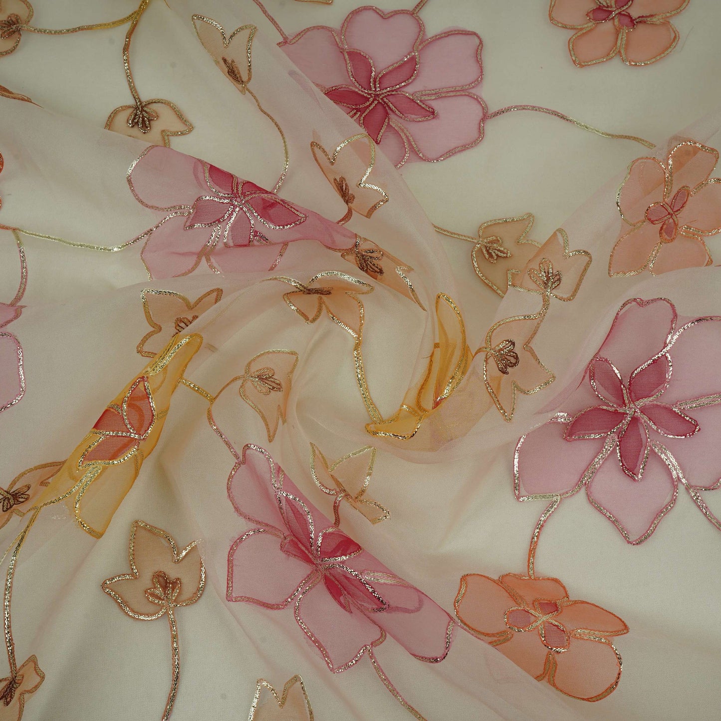 Cream Applique Work Organza Fabric SGS-32112