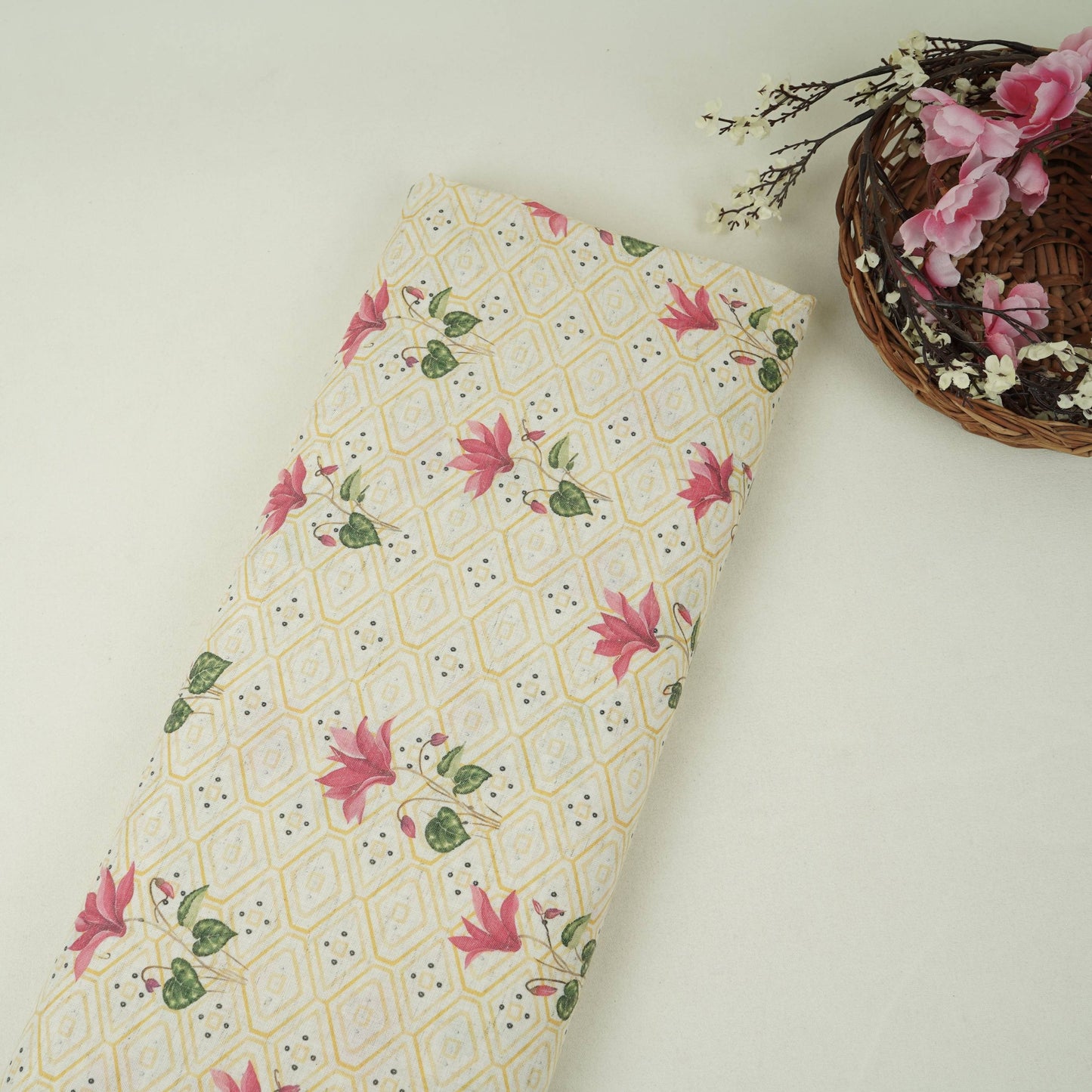 Yellow & White Floral Geometrical Print Cotton Fabric DE-32460