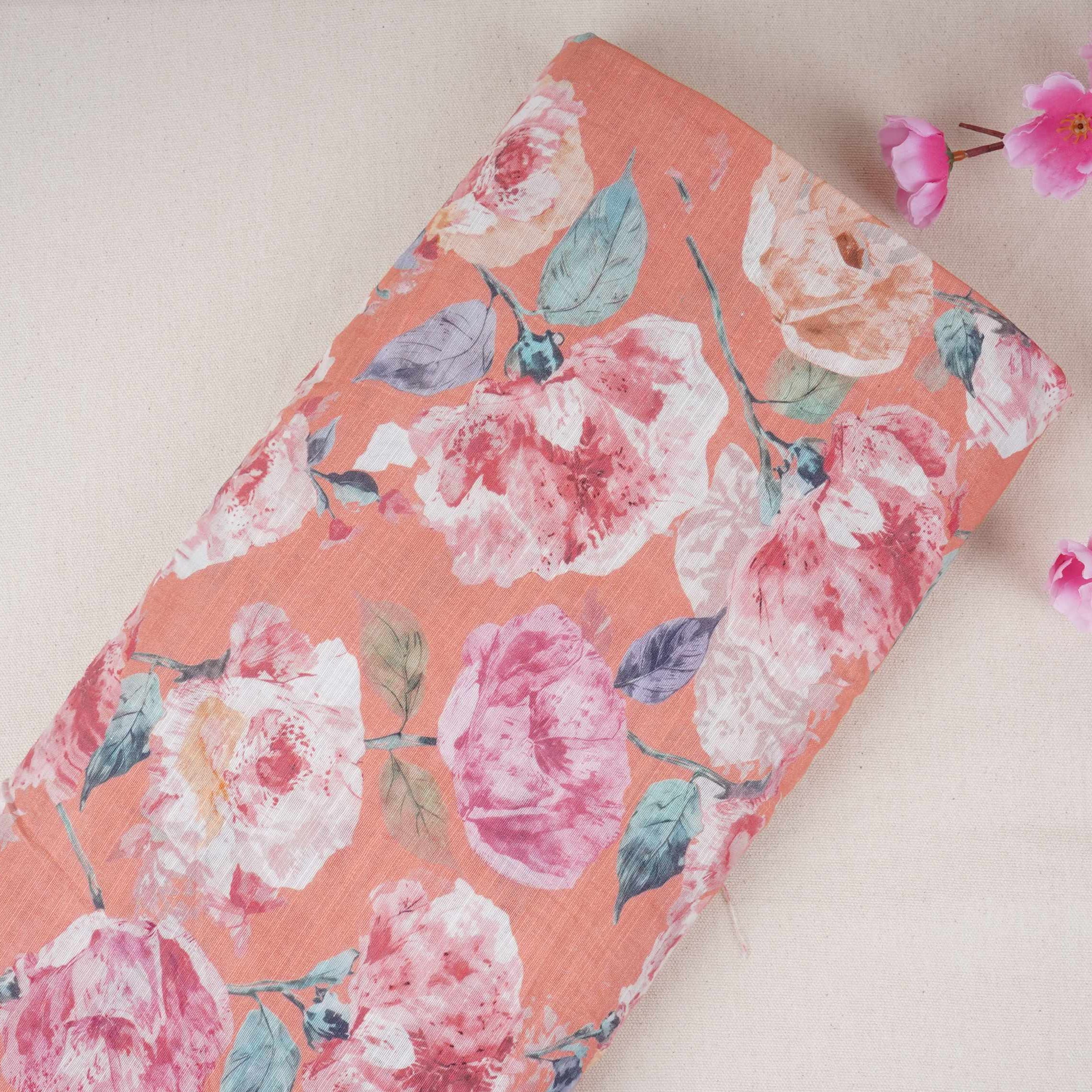 Coral Pink Floral Print Cotton Linen Fabric RT-30905 - TradeUNO