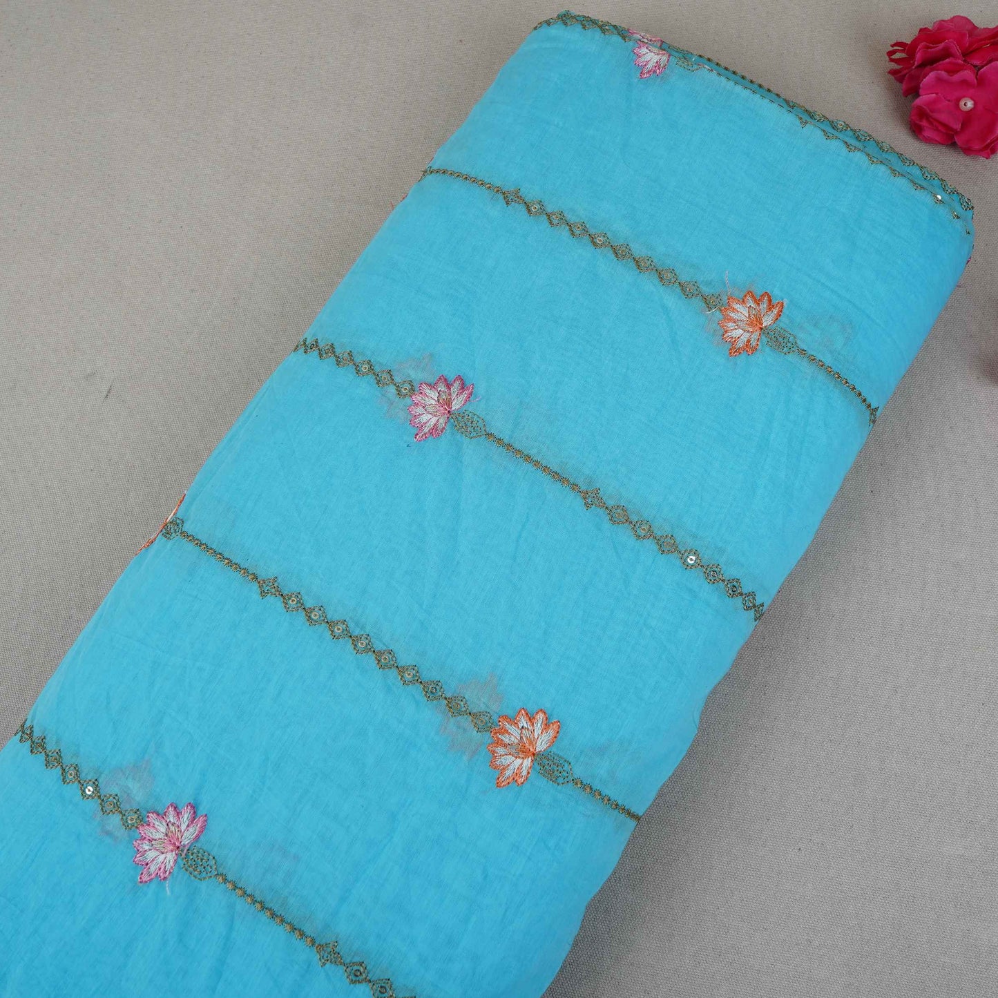 Sky Blue Stripes Floral Embroidery Chanderi Fabric DC-30567 - TradeUNO