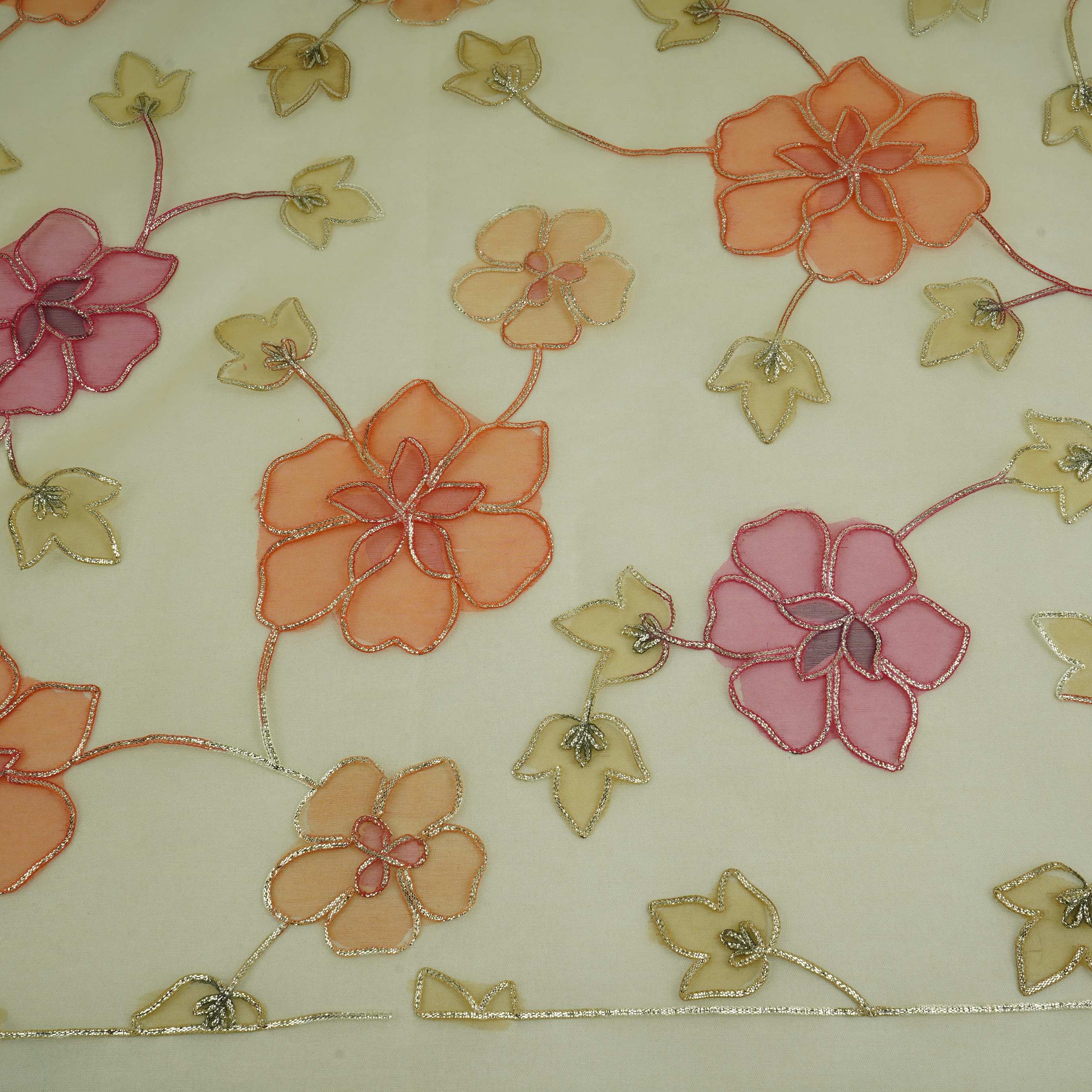 Mustard Gold Applique Work Organza Fabric SGS-32109