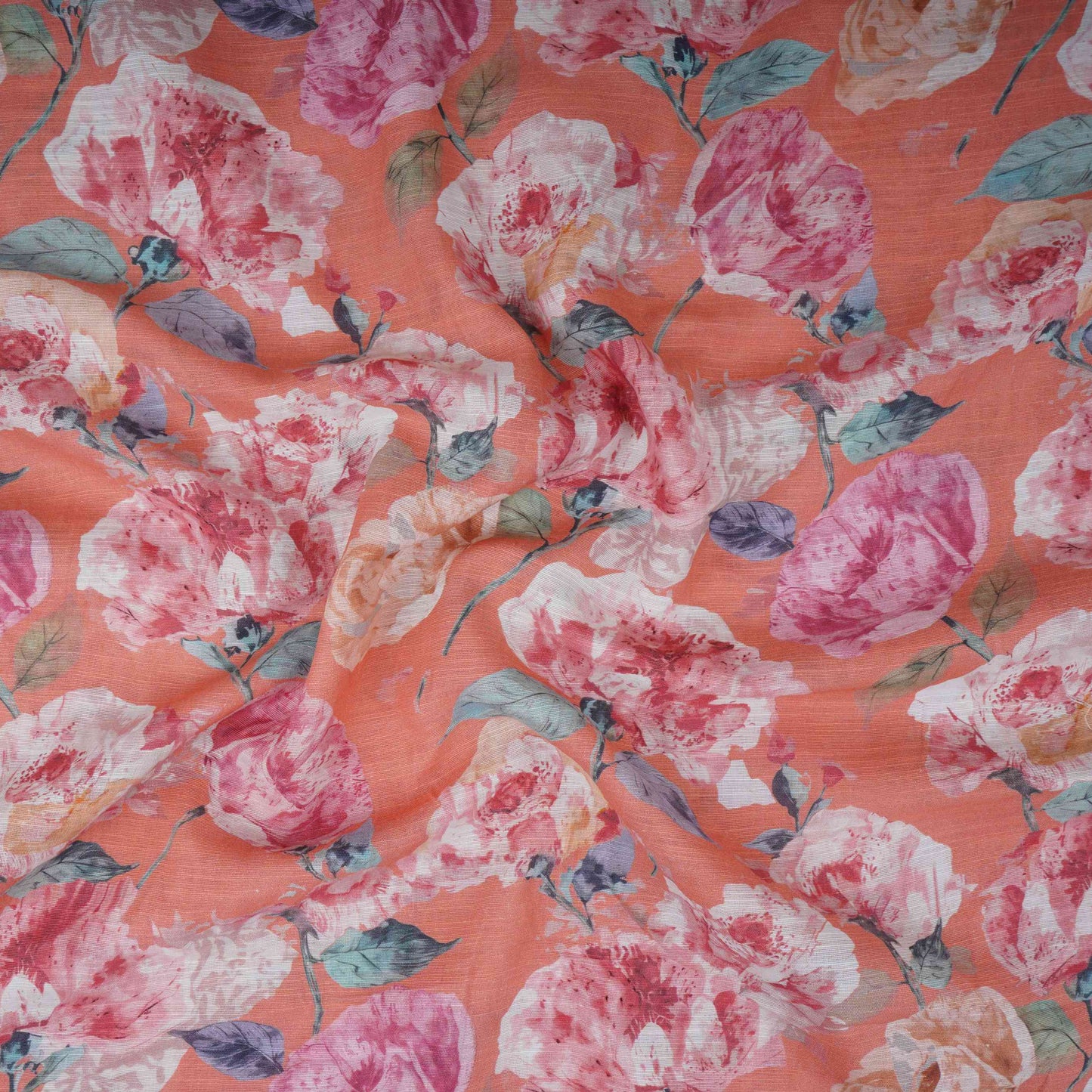 Coral Pink Floral Print Cotton Linen Fabric RT-30905