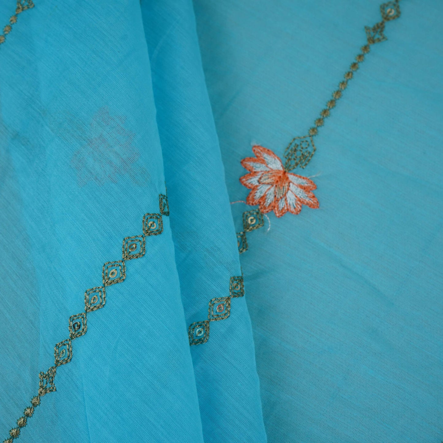 Sky Blue Stripes Floral Embroidery Chanderi Fabric DC-30567 - TradeUNO