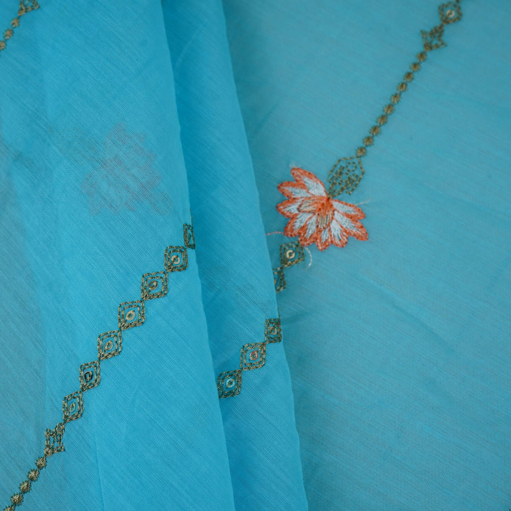 Sky Blue Stripes Floral Embroidery Chanderi Fabric DC-30567 - TradeUNO