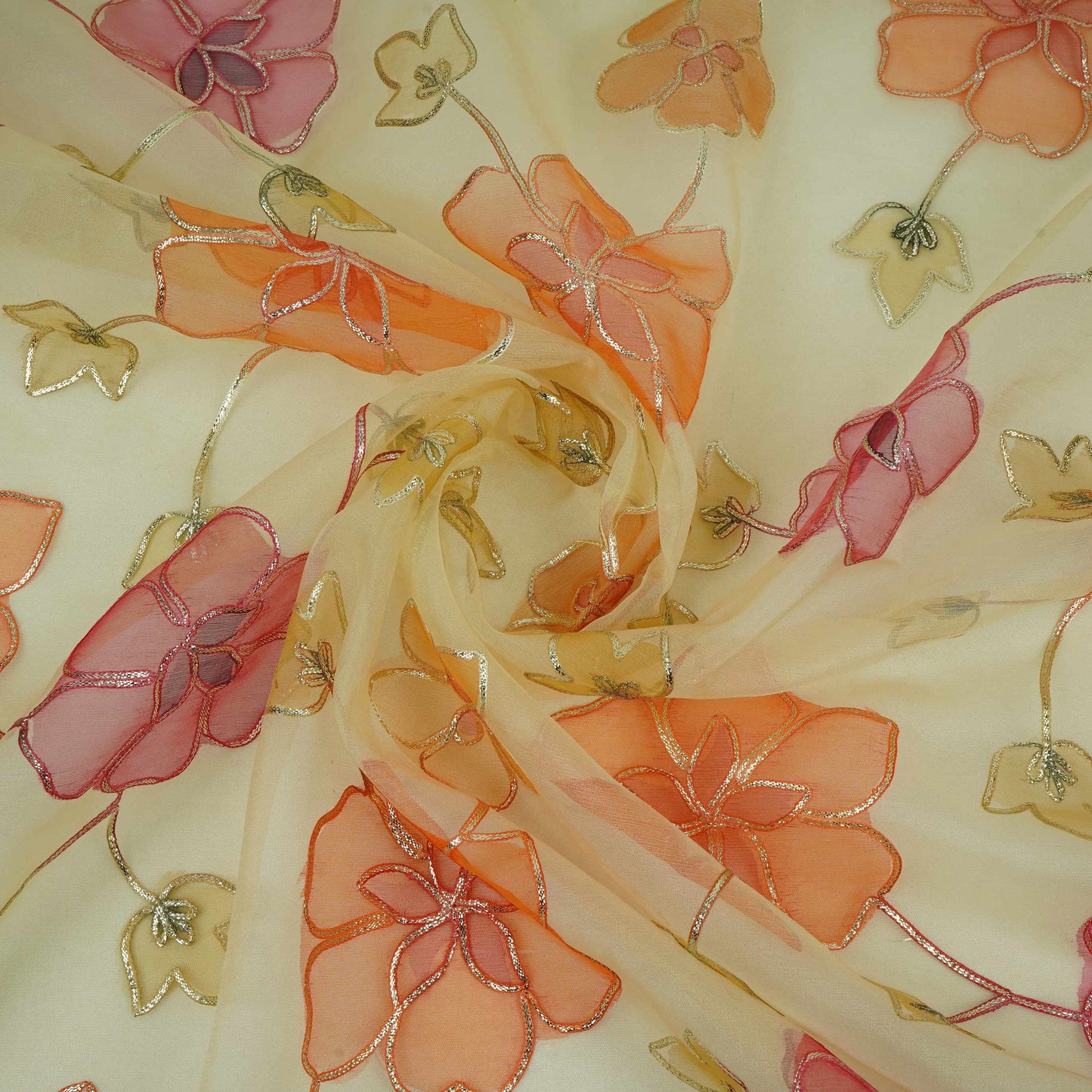 Mustard Gold Applique Work Organza Fabric SGS-32109