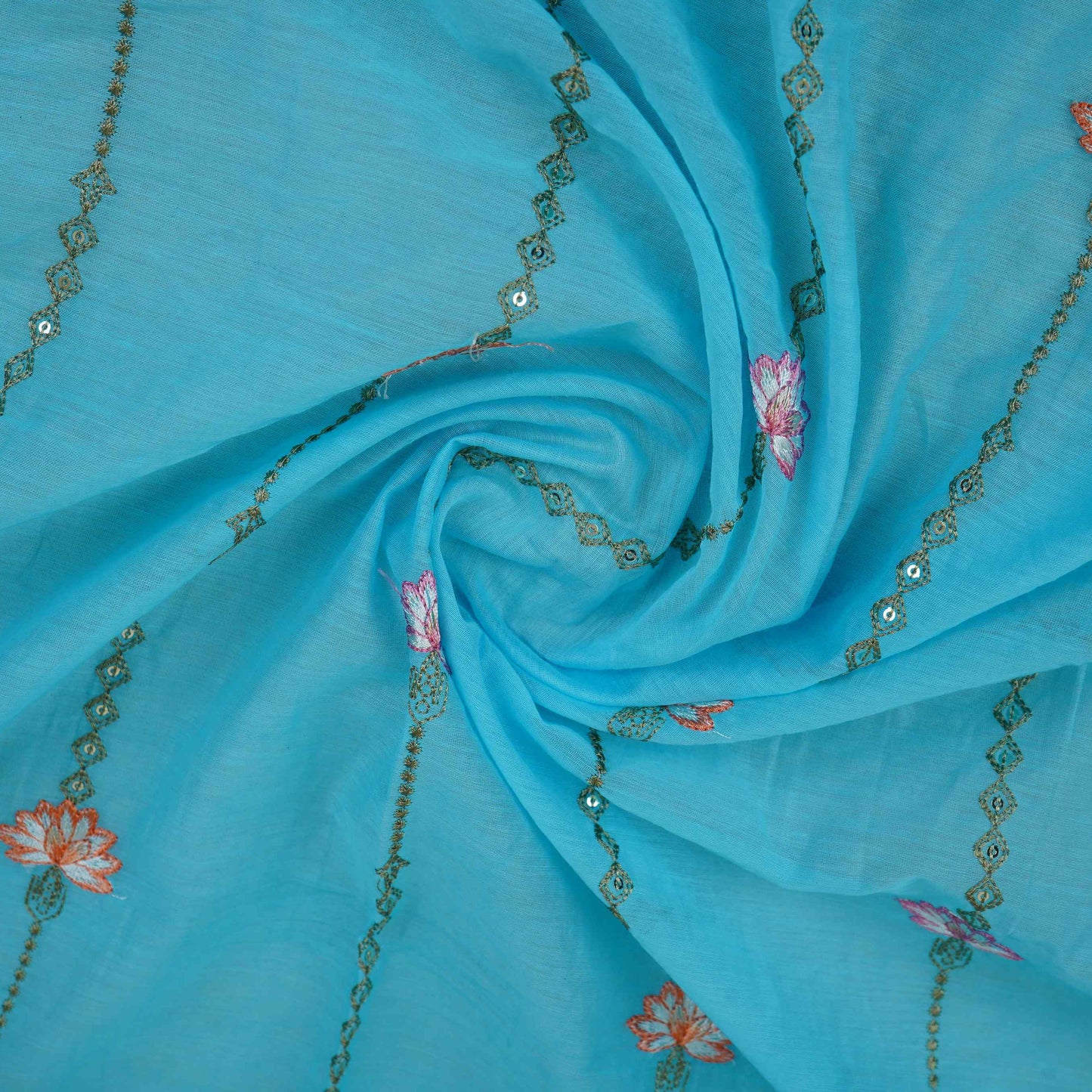 Sky Blue Stripes Floral Embroidery Chanderi Fabric DC-30567 - TradeUNO
