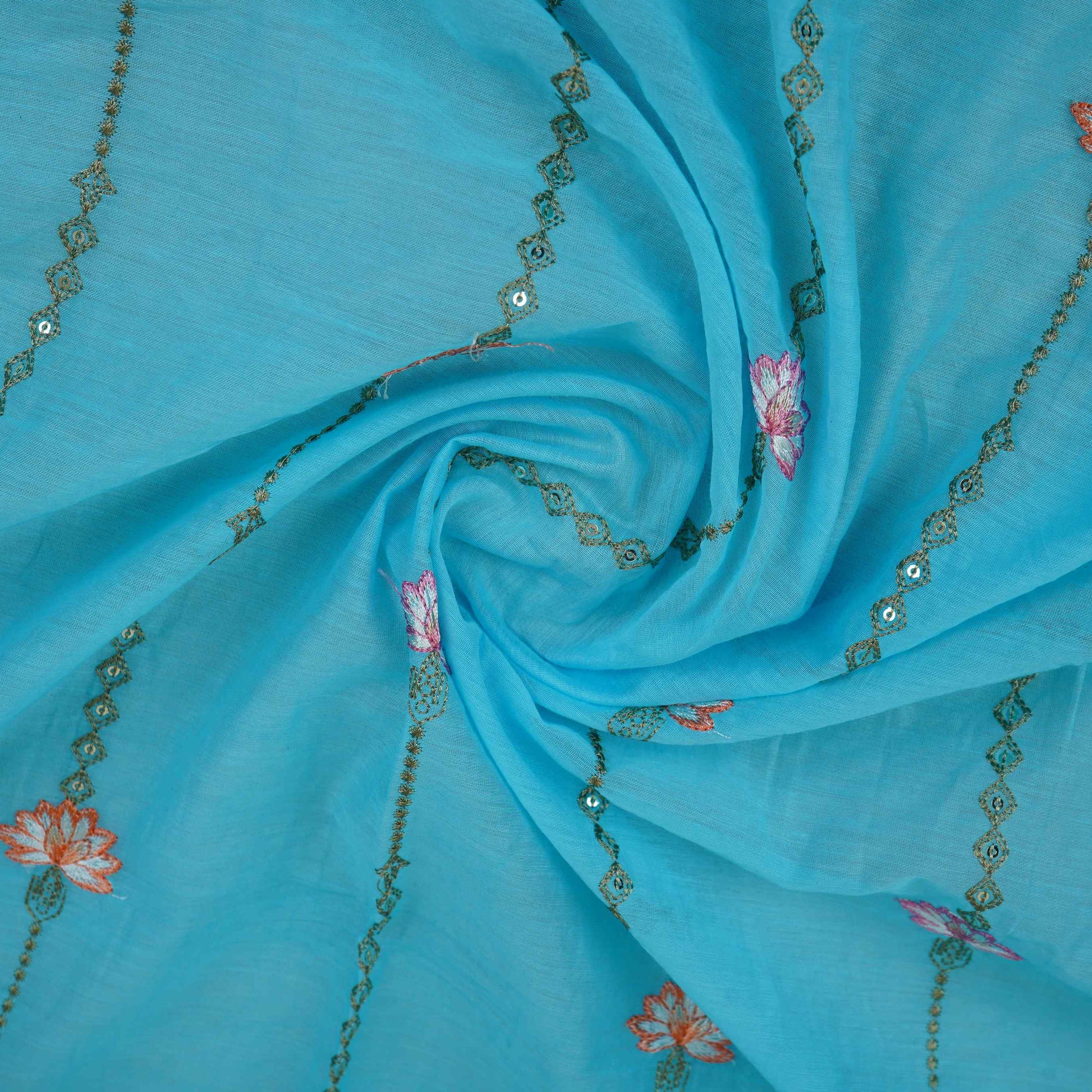 Sky Blue Stripes Floral Embroidery Chanderi Fabric DC-30567 - TradeUNO
