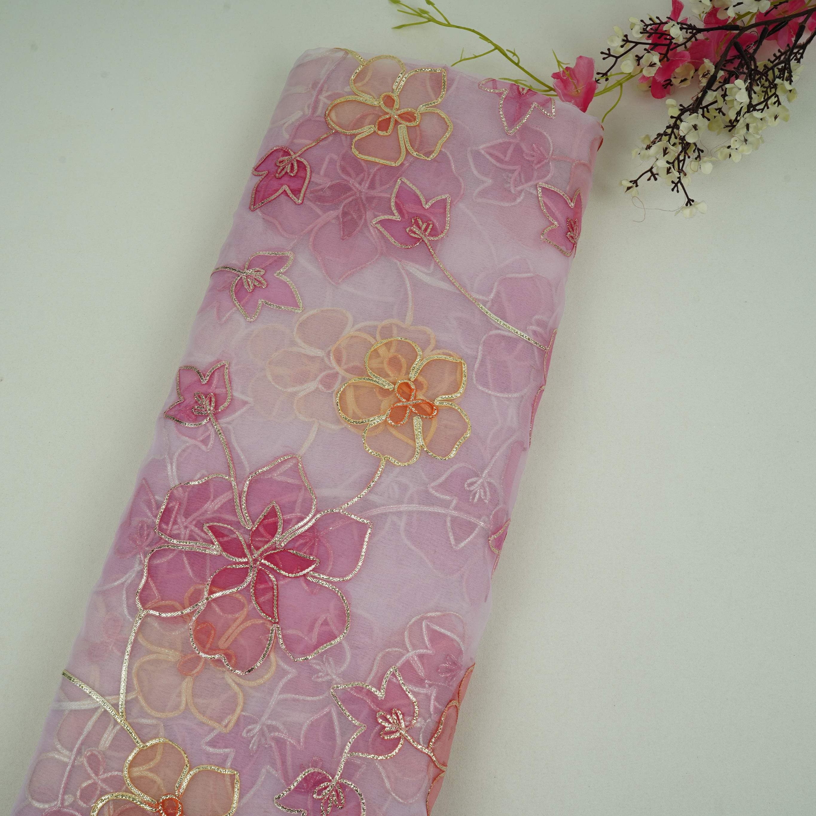 Blush Pink Applique Work Organza Fabric SGS-32110