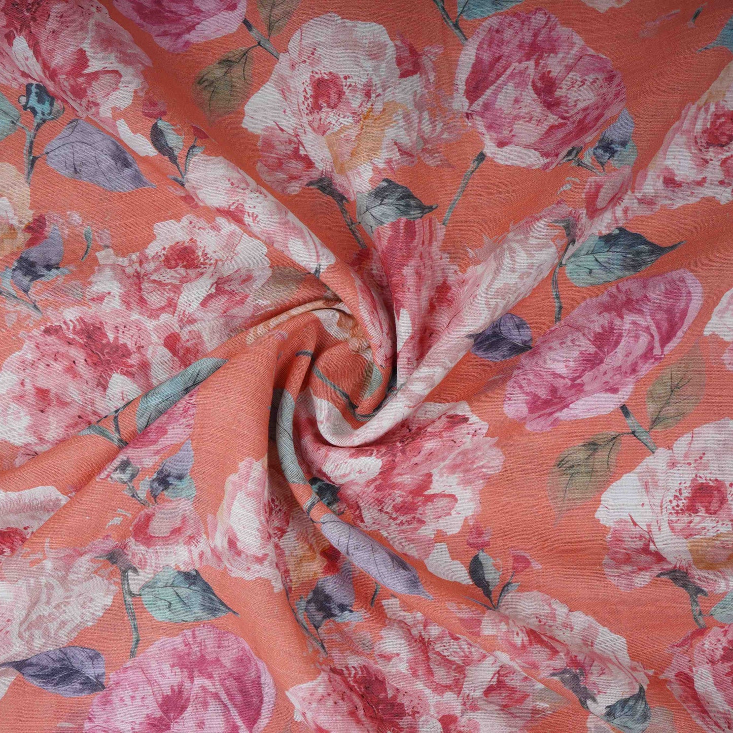 Coral Pink Floral Print Cotton Linen Fabric RT-30905