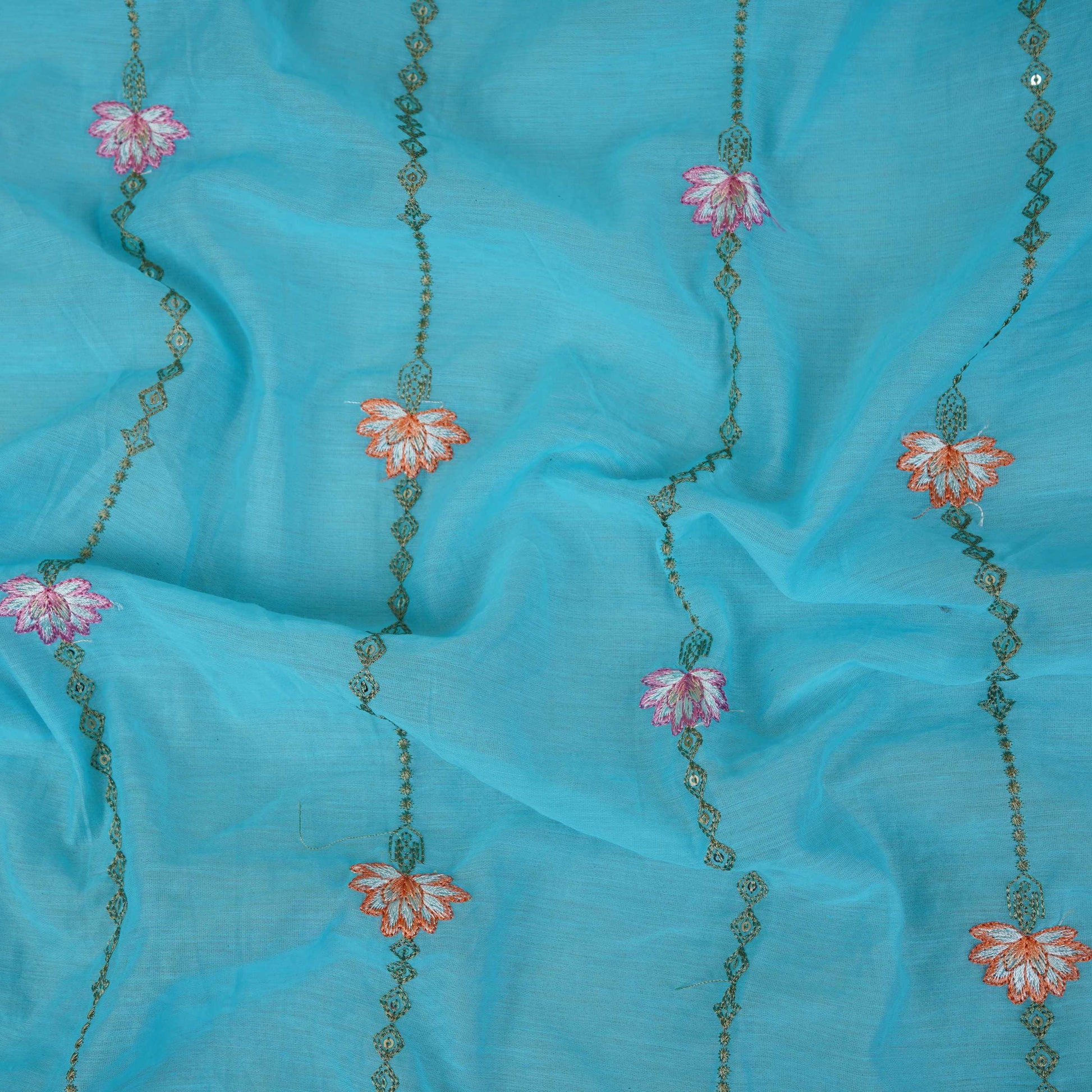 Sky Blue Stripes Floral Embroidery Chanderi Fabric DC-30567 - TradeUNO