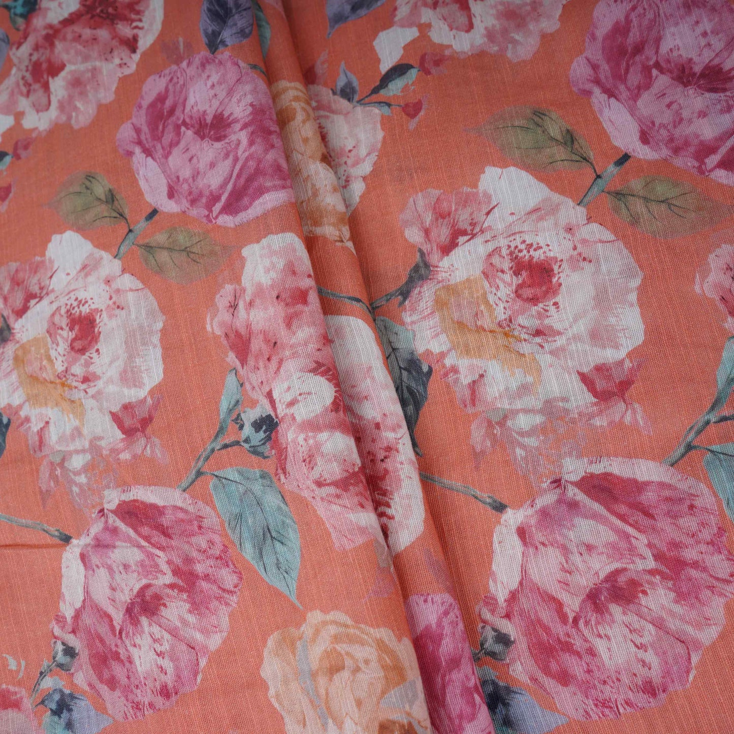 Coral Pink Floral Print Cotton Linen Fabric RT-30905