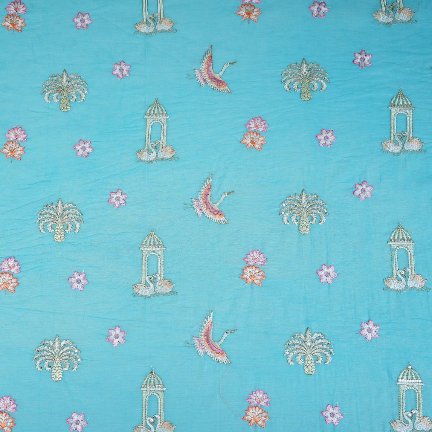 Sky Blue Temple Embroidery Chanderi Fabric DC-30566