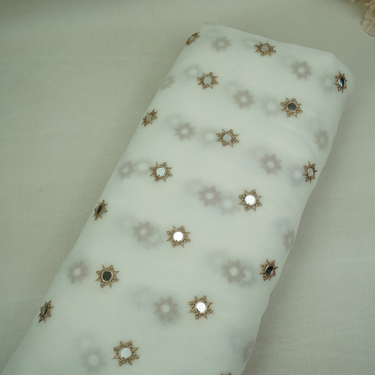 White Golden Mirror Buta Embroidery Dyeable Georgette Fabric AF-35047
