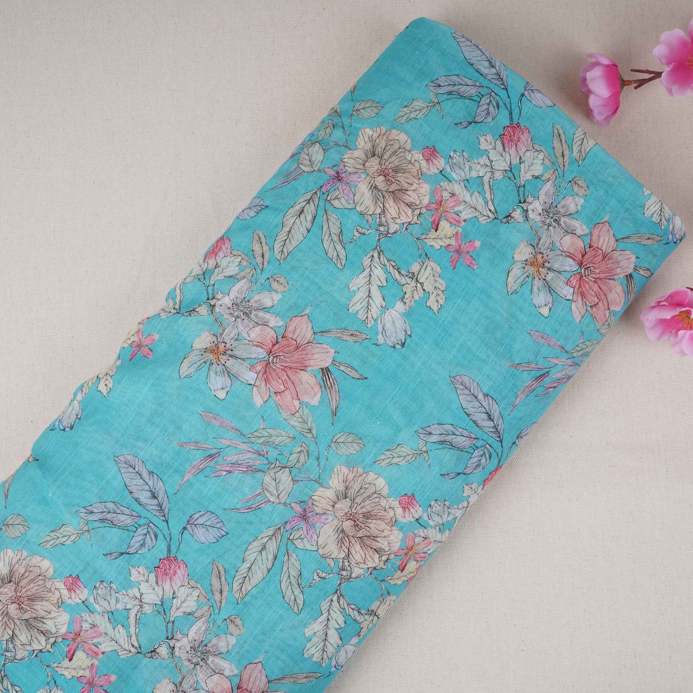 Turquoise Blue Floral Print Cotton Linen Fabric RT-30909 - TradeUNO