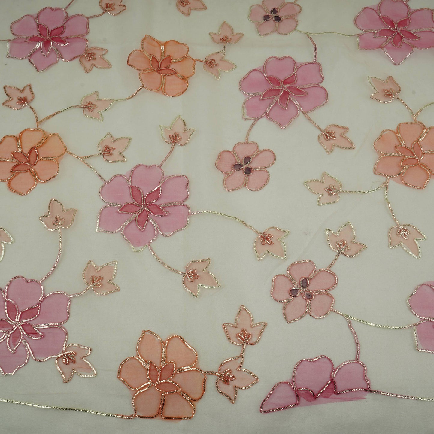Peach Applique Work Organza Fabric SGS-32113