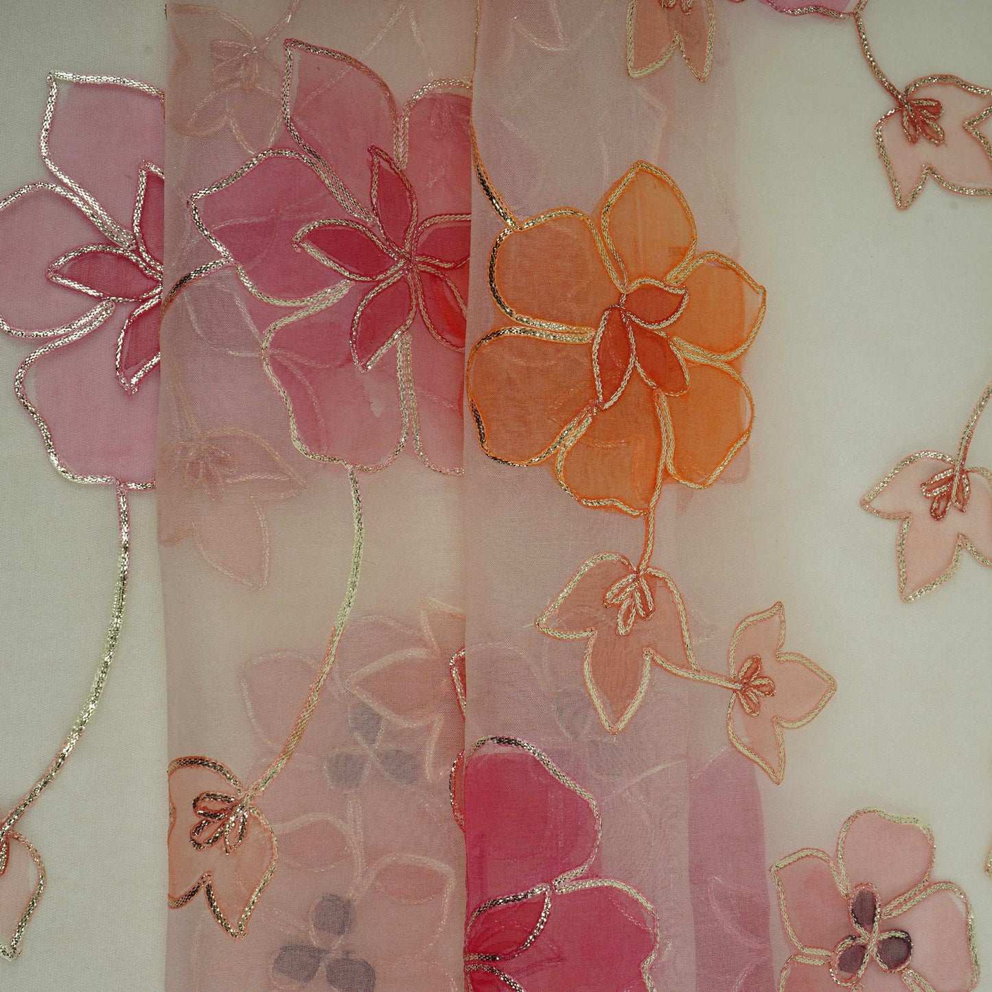 Peach Applique Work Organza Fabric SGS-32113