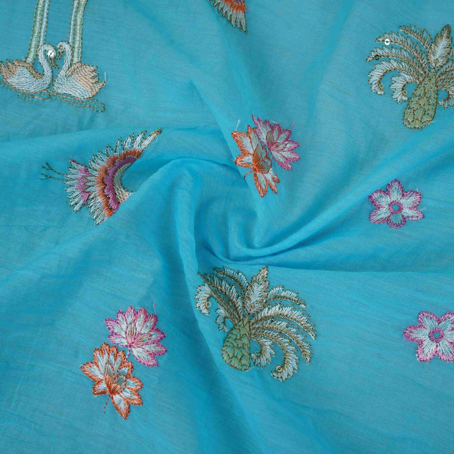 Sky Blue Temple Embroidery Chanderi Fabric DC-30566