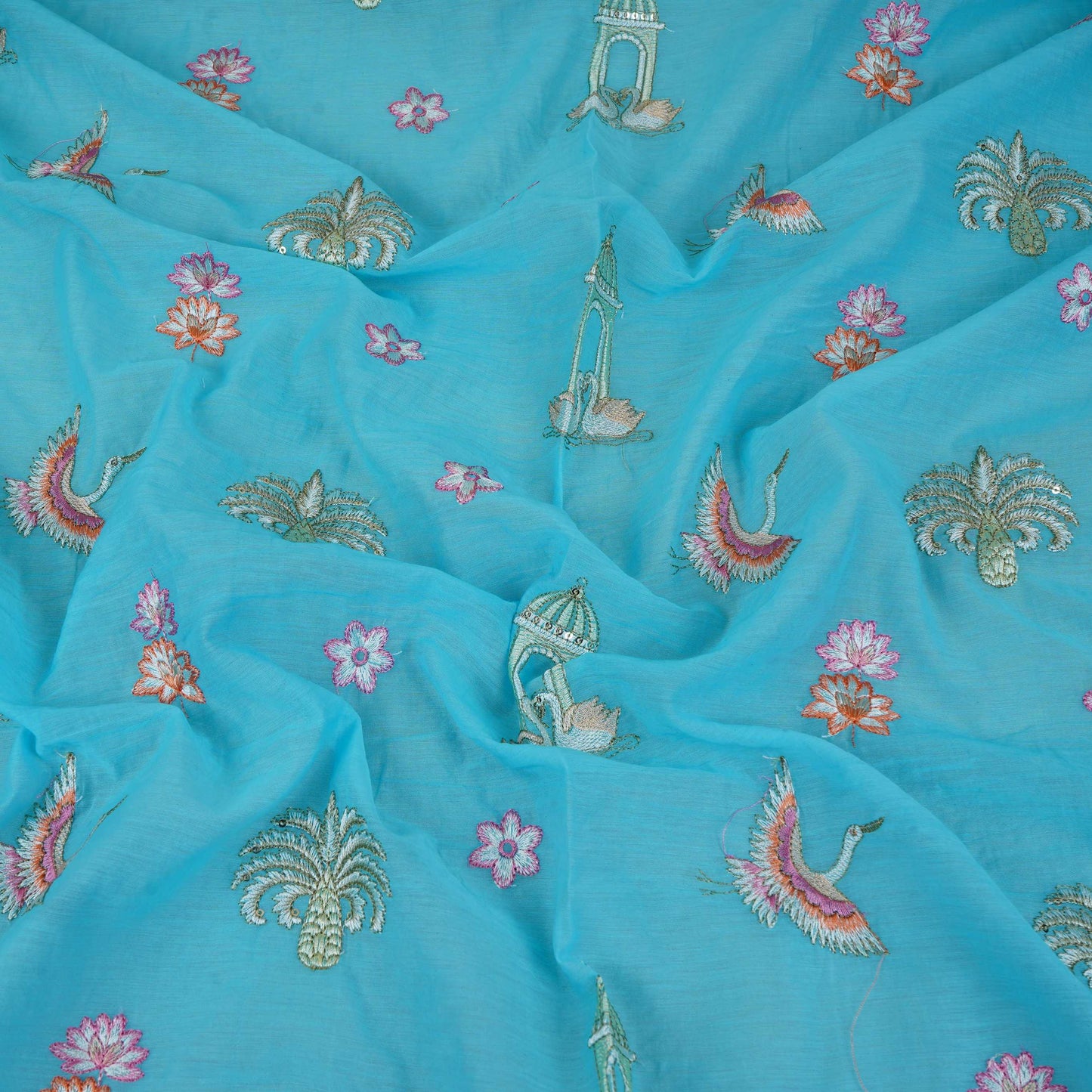 Sky Blue Temple Embroidery Chanderi Fabric DC-30566