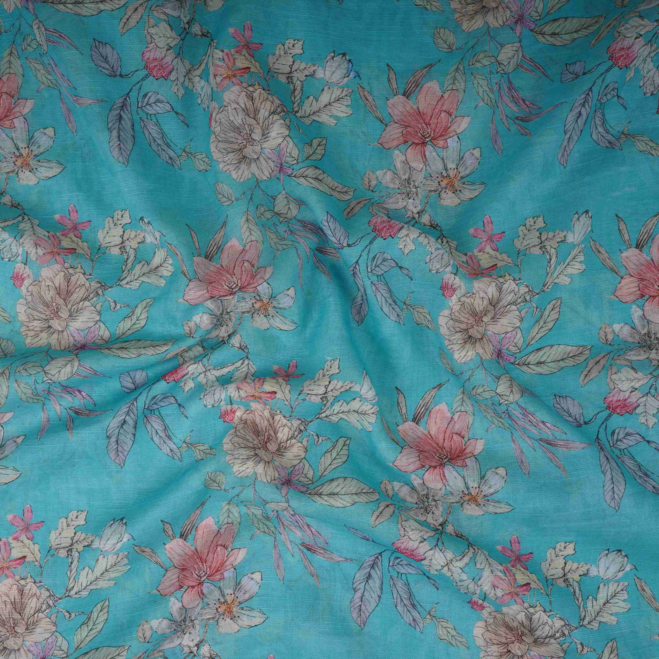 Turquoise Blue Floral Print Cotton Linen Fabric RT-30909 - TradeUNO