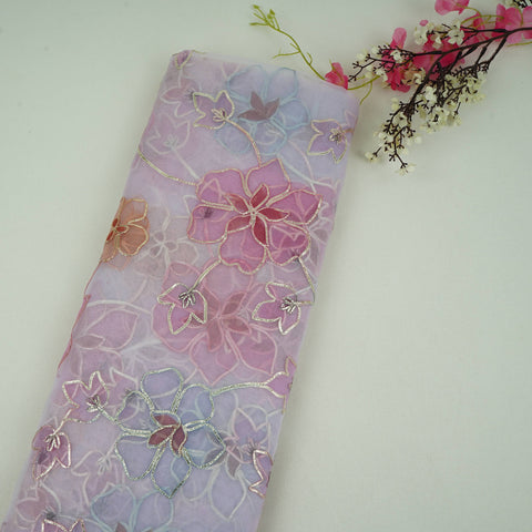Lavender Pink Applique Work Organza Fabric SGS-32108