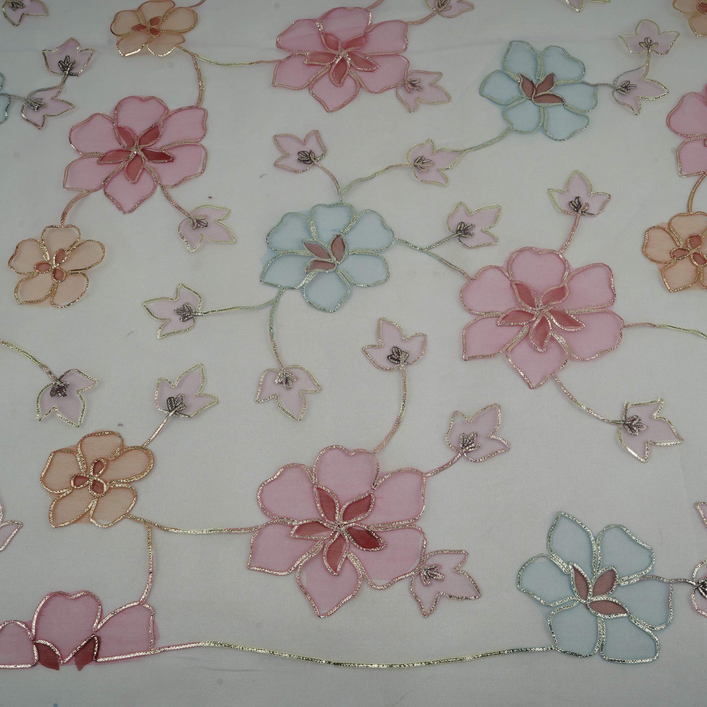 Lavender Pink Applique Work Organza Fabric SGS-32108