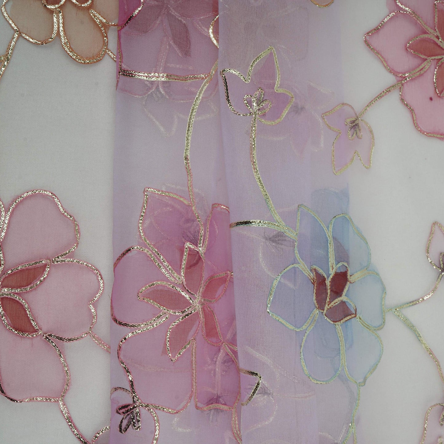 Lavender Pink Applique Work Organza Fabric SGS-32108