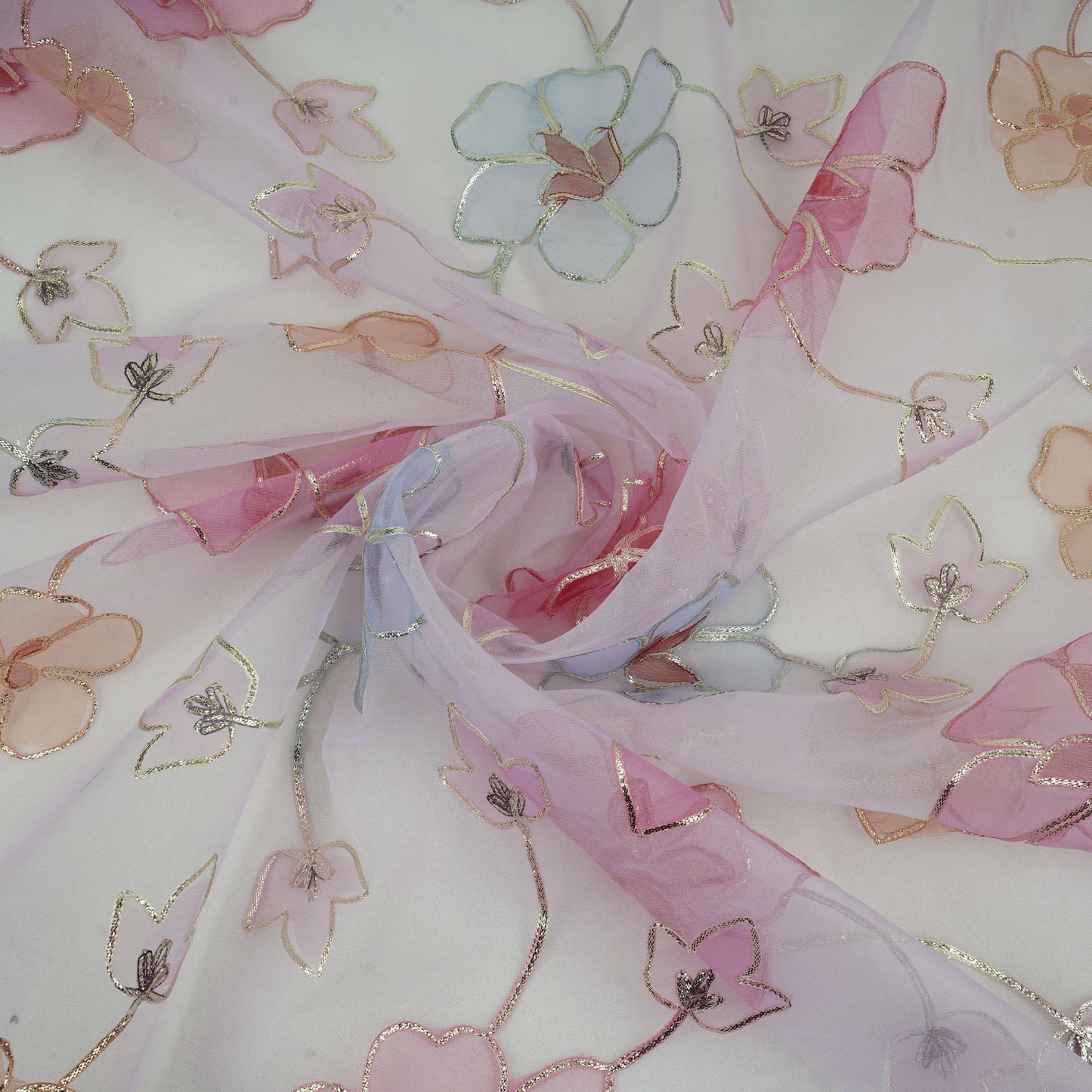 Lavender Pink Applique Work Organza Fabric SGS-32108