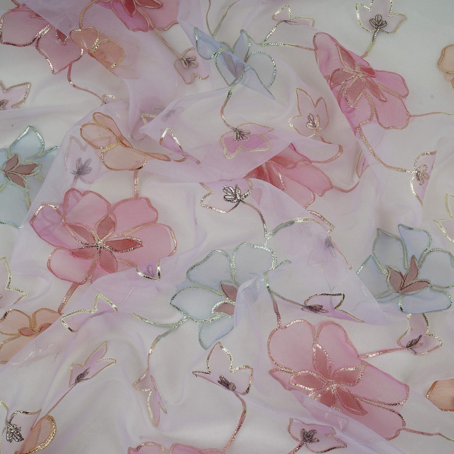 Lavender Pink Applique Work Organza Fabric SGS-32108