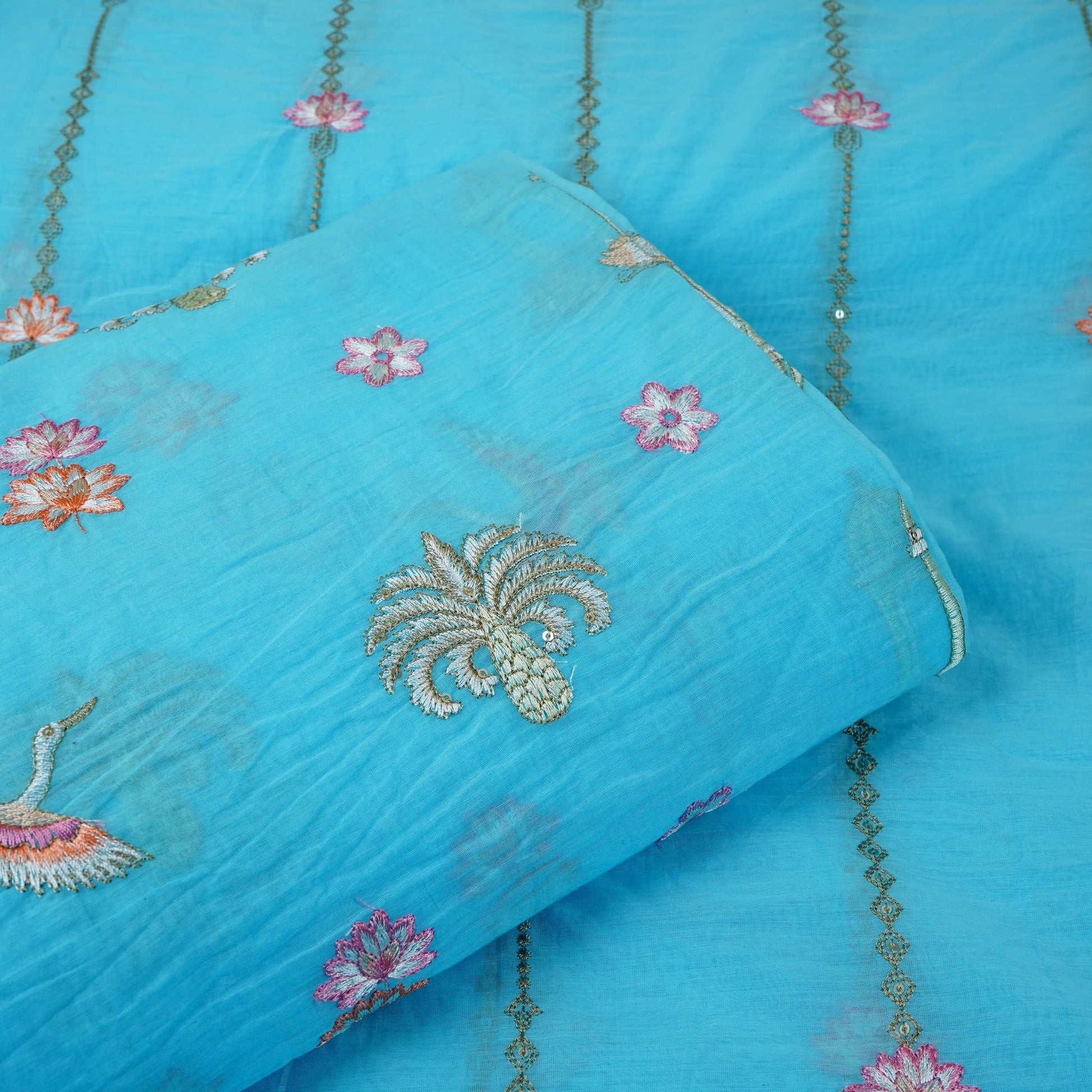 Sky Blue Stripes Floral Embroidery Chanderi Fabric DC-30567 - TradeUNO