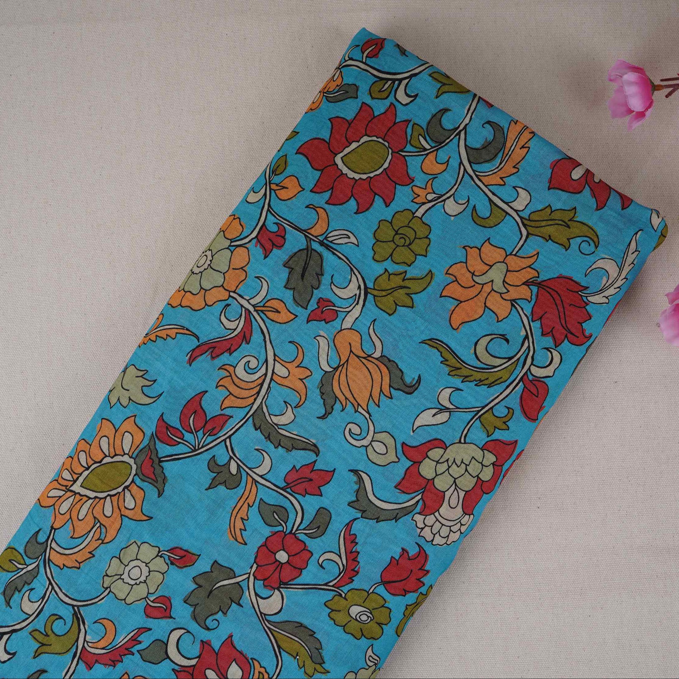Sky Blue With Multicolor Floral Print Pure 70gm Chanderi Fabric VF-30890 - TradeUNO