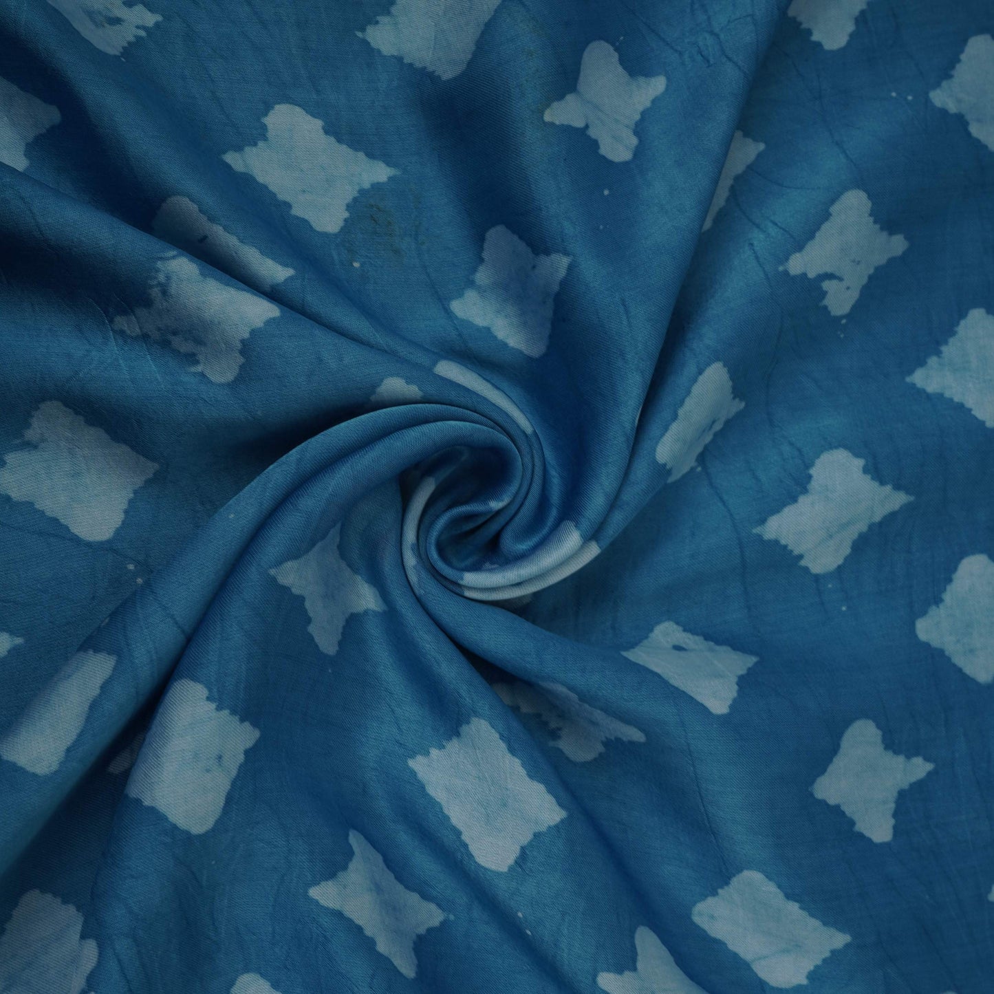 Sky Blue Block Batik Print Modal Satin Fabric EEG-32488