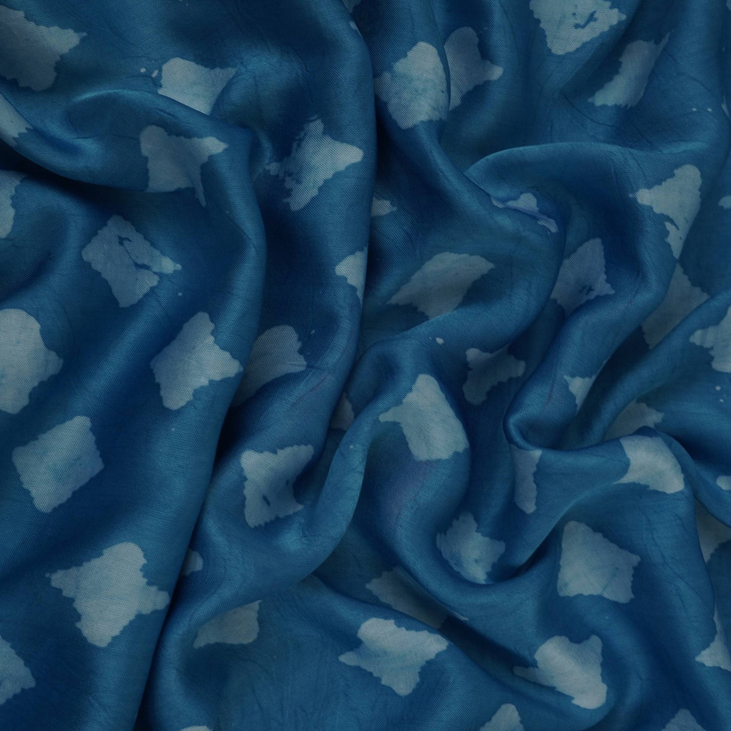 Sky Blue Block Batik Print Modal Satin Fabric EEG-32488