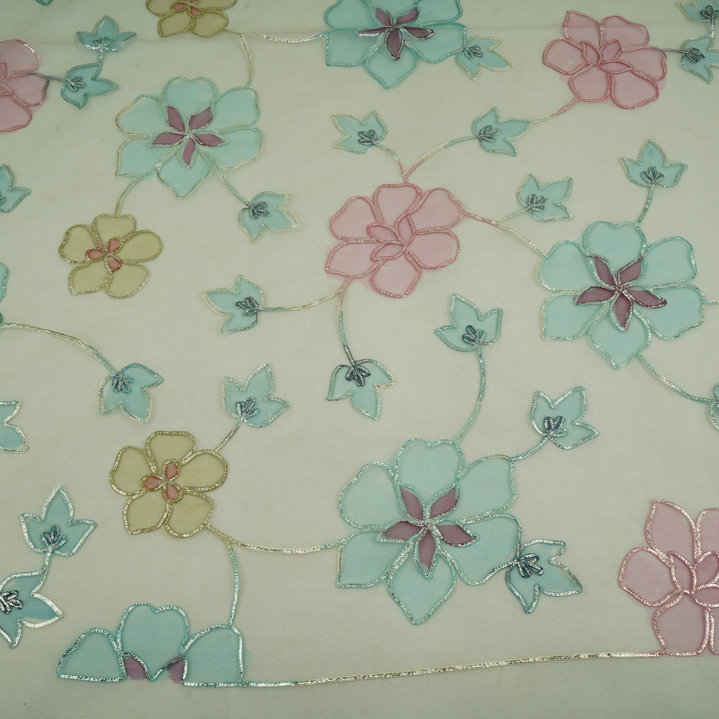 Mint Grey Applique Work Organza Fabric SGS-32111