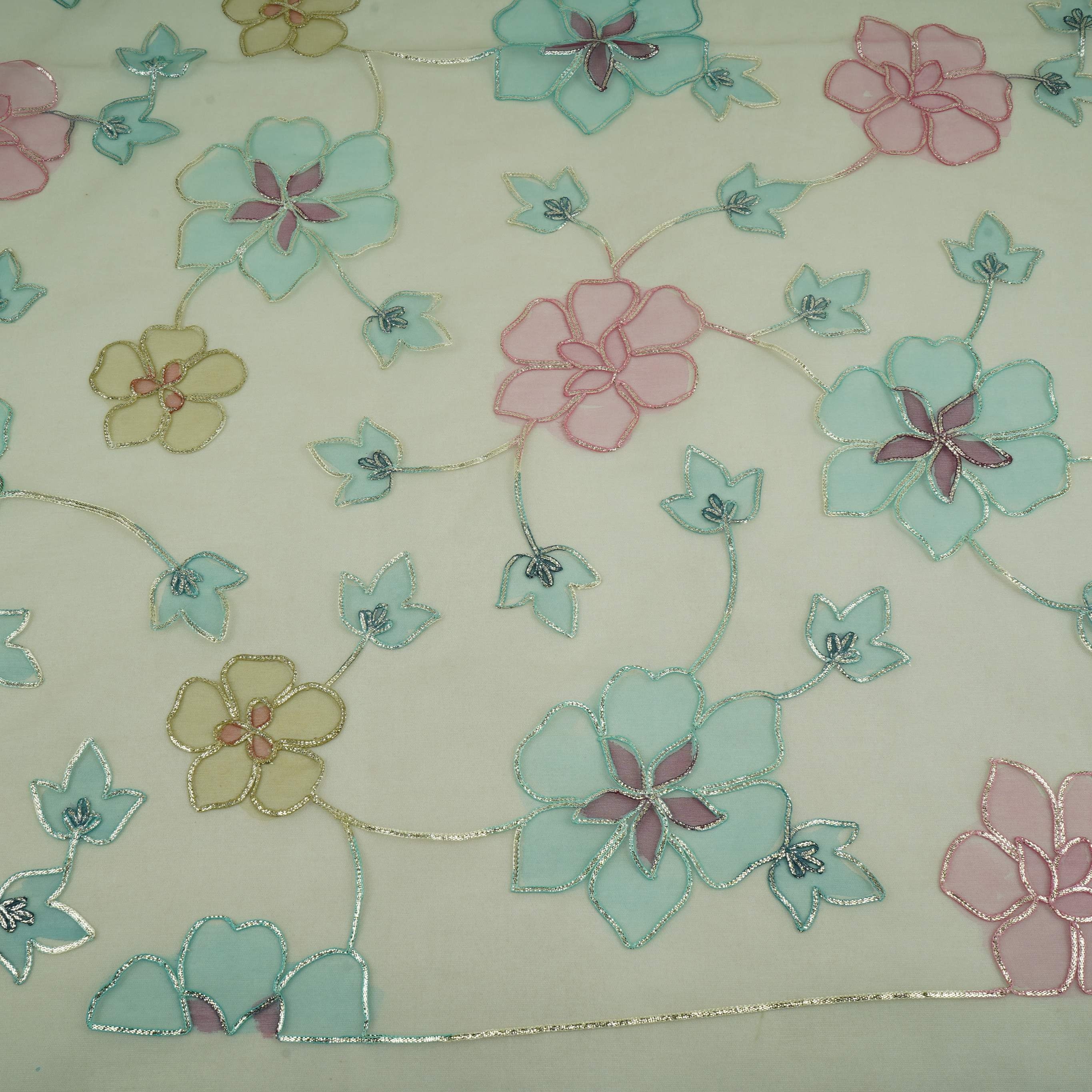 Mint Grey Applique Work Organza Fabric SGS-32111