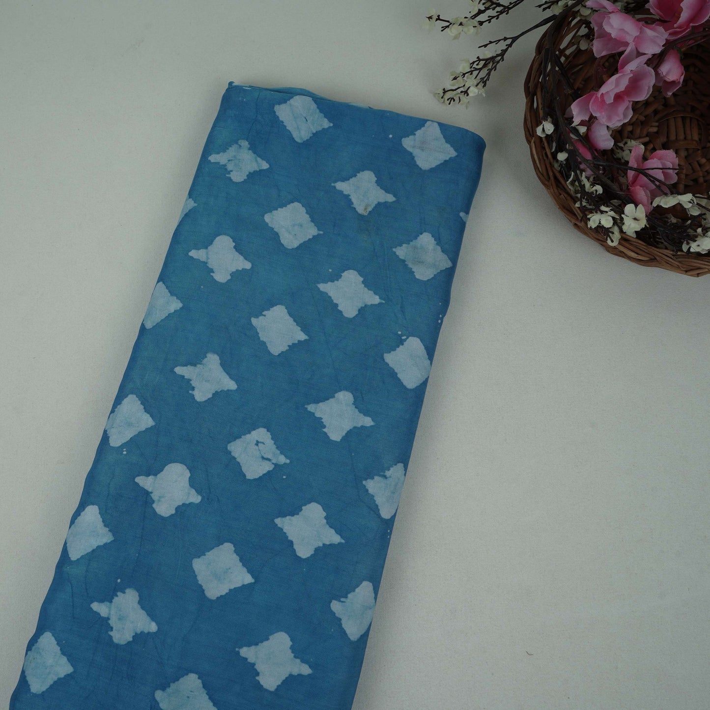 Sky Blue Block Batik Print Modal Satin Fabric EEG-32488