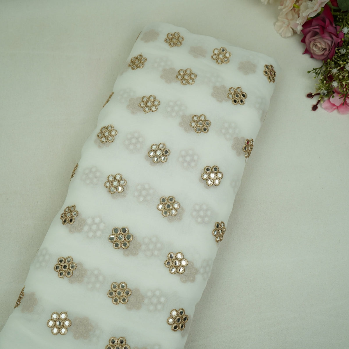 White Golden Floral Mirror Embroidery Dyeable Georgette Fabric AF-35046