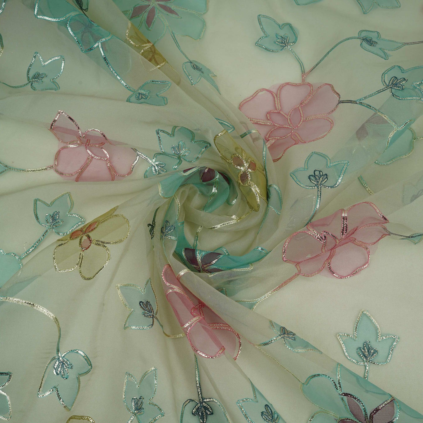 Mint Grey Applique Work Organza Fabric SGS-32111