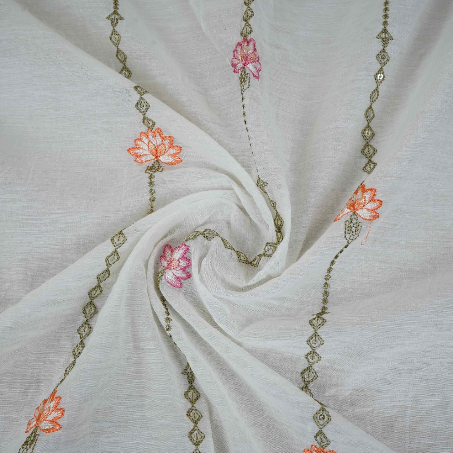 Off White Stripes Floral Embroidery Chanderi Fabric DC-30561