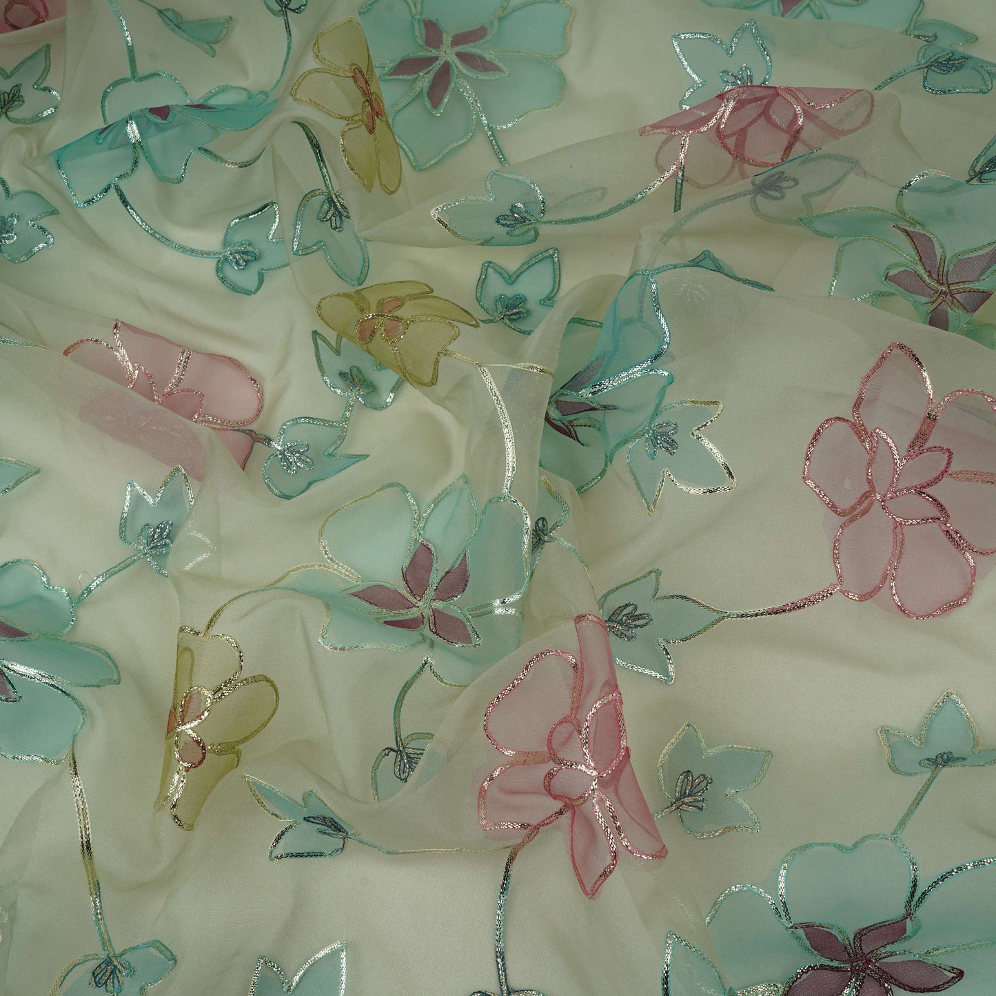 Mint Grey Applique Work Organza Fabric SGS-32111