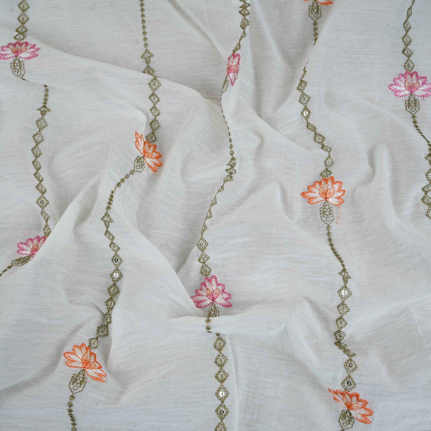 Off White Stripes Floral Embroidery Chanderi Fabric DC-30561