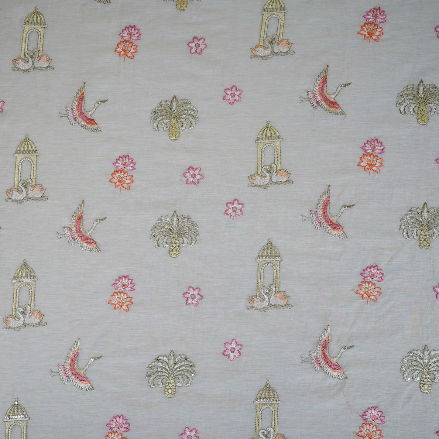 Off White Temple Embroidery Chanderi Fabric DC-30560